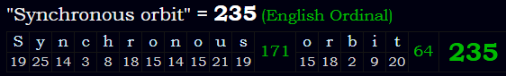 "Synchronous orbit" = 235 (English Ordinal)