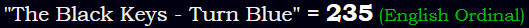 "The Black Keys - Turn Blue" = 235 (English Ordinal)
