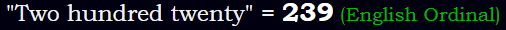 "Two hundred twenty" = 239 (English Ordinal)