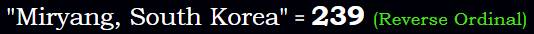 "Miryang, South Korea" = 239 (Reverse Ordinal)