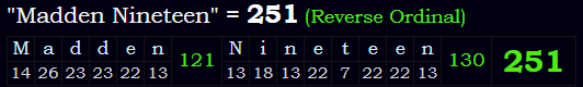 "Madden Nineteen" = 251 (Reverse Ordinal)