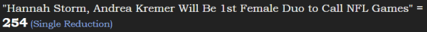 "Hannah Storm, Andrea Kremer Will Be 1st Female Duo to Call NFL Games" = 254 (Single Reduction)