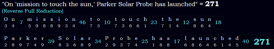 "On 'mission to touch the sun,' Parker Solar Probe has launched" = 271 (Reverse Full Reduction) = 271