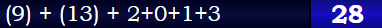 (9) + (13) + 2+0+1+3 = 28