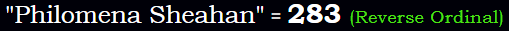 "Philomena Sheahan" = 283 (Reverse Ordinal)