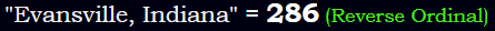 "Evansville, Indiana" = 286 (Reverse Ordinal)