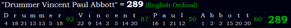 "Drummer Vincent Paul Abbott" = 289 (English Ordinal)