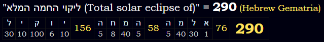 "ליקוי החמה המלא (Total solar eclipse of)" = 290 (Hebrew Gematria)