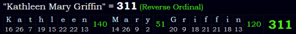 "Kathleen Mary Griffin" = 311 (Reverse Ordinal)