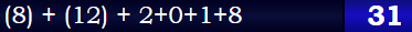 (8) + (12) + 2+0+1+8 = 31