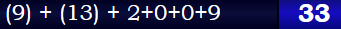 (9) + (13) + 2+0+0+9 = 33