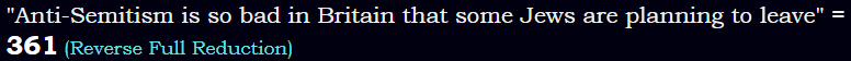 "Anti-Semitism is so bad in Britain that some Jews are planning to leave" = 361 (Reverse Full Reduction)