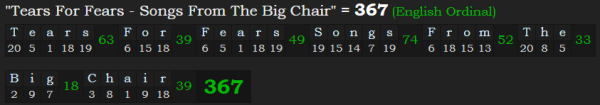"Tears For Fears - Songs From The Big Chair" = 367 (English Ordinal)