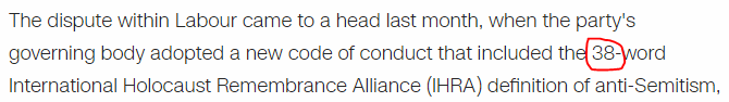 The dispute within Labour came to a head last month, when the party's governing body adopted a new code of conduct that included the 38-word International Holocaust Remembrance Alliance (IHRA) definition of anti-Semitism