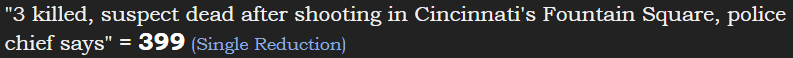 "3 killed, suspect dead after shooting in Cincinnati's Fountain Square, police chief says" = 399 (Single Reduction)