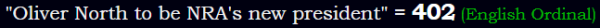 "Oliver North to be NRA's new president" = 402 (English Ordinal)