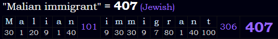 "Malian immigrant" = 407 (Jewish)