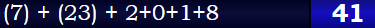 (7) + (23) + 2+0+1+8 = 41