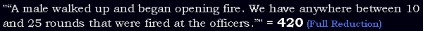 "“A male walked up and began opening fire. We have anywhere between 10 and 25 rounds that were fired at the officers.”" = 420 (Full Reduction)