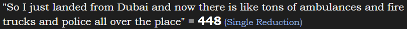 "So I just landed from Dubai and now there is like tons of ambulances and fire trucks and police all over the place" = 448 (Single Reduction)