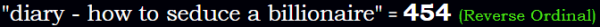 "diary - how to seduce a billionaire" = 454 (Reverse Ordinal)