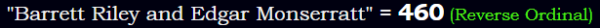 "Barrett Riley and Edgar Monserratt" = 460 (Reverse Ordinal)