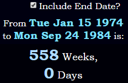 A span of exactly 558 weeks