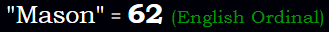 "Mason" = 62 (English Ordinal)