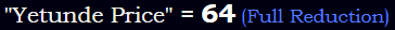 "Yetunde Price" = 64 (Full Reduction)