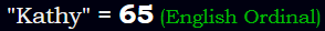 "Kathy" = 65 (English Ordinal)