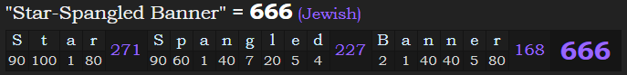 "Star-Spangled Banner" = 666 (Jewish)