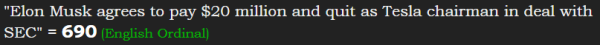 "Elon Musk agrees to pay $20 million and quit as Tesla chairman in deal with SEC" = 690 (English Ordinal)