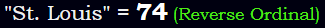 "St. Louis" = 74 (Reverse Ordinal)