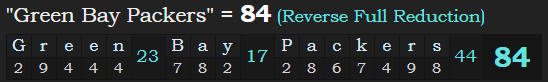 "Green Bay Packers" = 84 (Reverse Full Reduction)