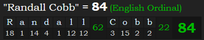 "Randall Cobb" = 84 (English Ordinal)