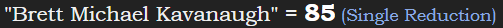 "Brett Michael Kavanaugh" = 85 (Single Reduction)