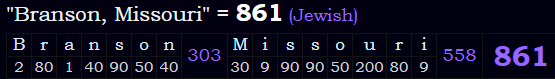 "Branson, Missouri" = 861 (Jewish)