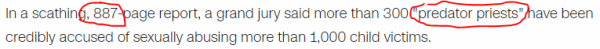 In a scathing, 887-page report, a grand jury said more than 300 "predator priests" have been credibly accused of sexually abusing more than 1,000 child victims.