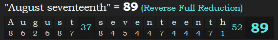 "August seventeenth" = 89 (Reverse Full Reduction)