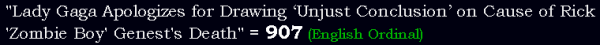 "Lady Gaga Apologizes for Drawing ‘Unjust Conclusion’ on Cause of Rick 'Zombie Boy' Genest's Death" = 907 (English Ordinal)