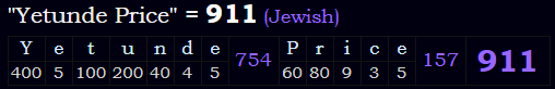 "Yetunde Price" = 911 (Jewish)