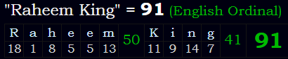 "Raheem King" = 91 (English Ordinal)