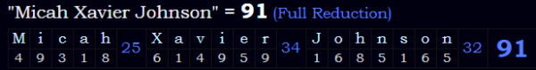 "Micah Xavier Johnson" = 91 (Full Reduction)