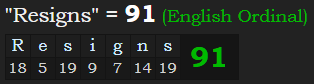 "Resigns" = 91 (English Ordinal)
