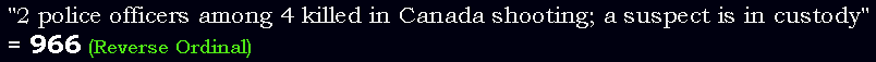 "2 police officers among 4 killed in Canada shooting; a suspect is in custody" = 966 (Reverse Ordinal)