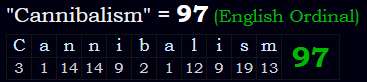 "Cannibalism" = 97 (English Ordinal)