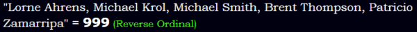 "Lorne Ahrens, Michael Krol, Michael Smith, Brent Thompson, Patricio Zamarripa" = 999 (Reverse Ordinal)