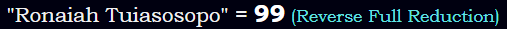 "Ronaiah Tuiasosopo" = 99 (Reverse Full Reduction)