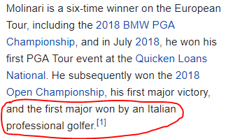 He subsequently won the 2018 Open Championship, his first major victory, and the first major won by an Italian professional golfer.