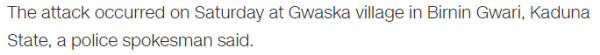 The attack occurred on Saturday at Gwaska village in Birnin Gwari, Kaduna State, a police spokesman said.